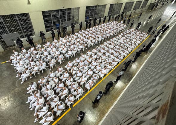 Gang Members Face Massive Court Hearing at CECOT in El Salvador SAN VICENTE, EL SALVADOR - APRIL 23: Gang members listening to virtual hearing during a massive court hearing for gang members of the Mara Salvatrucha (MS-13), held at the Terrorism Confinement Center (CECOT), in the municipality of Tecoluca, in San Vicente, El Salvador on April 23, 2026. According to an announcement by the Attorney General s Office (FGR) of El Salvador, a mega-trial against 486 gang members of the Mara Salvatrucha (MS-13), including leaders and founders of said criminal organization, began on Monday, April 21. Alex Pena Anadolu San Vicente El Salvador. Editorial use only. Please get in touch for any other usage.  Copyright: x2026xAnadoluxAlexxPenax
