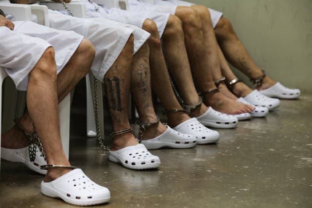 Gang Members Face Massive Court Hearing at CECOT in El Salvador SAN VICENTE, EL SALVADOR - APRIL 23: Gang members listening to virtual hearing during a massive court hearing for gang members of the Mara Salvatrucha (MS-13), held at the Terrorism Confinement Center (CECOT), in the municipality of Tecoluca, in San Vicente, El Salvador on April 23, 2026. According to an announcement by the Attorney General s Office (FGR) of El Salvador, a mega-trial against 486 gang members of the Mara Salvatrucha (MS-13), including leaders and founders of said criminal organization, began on Monday, April 21. Alex Pena Anadolu San Vicente El Salvador. Editorial use only. Please get in touch for any other usage.  Copyright: x2026xAnadoluxAlexxPenax