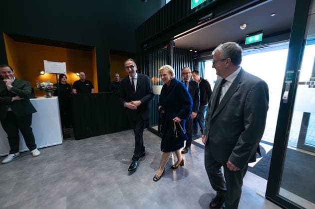 Princess Astrid of Belgium and UCB CEO Jean Christophe Tellier pictured during the inauguration of the new gene therapy site at the Braine l Alleud campus of biopharmaceutical company UCB, in Braine-L alleud, Friday 24 April 2026.  EMILExWINDAL 171824076