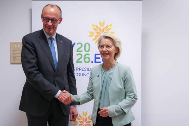 Nikosia, Zypern, 24.04.2026: Informeller EU-Rat: Der deutsche Bundeskanzler Friedrich Merz (CDU) und EU-Kommissionspräsidentin Ursula von der Leyen *** Nicosia, Cyprus, 24 04 2026 Informal EU Council German Chancellor Friedrich Merz CDU and EU Commission President Ursula von der Leyen Copyright: xPIOxRep.xofxCyprusxElenixChatzivasili dtsxNachrichtenagenturx dts_116605