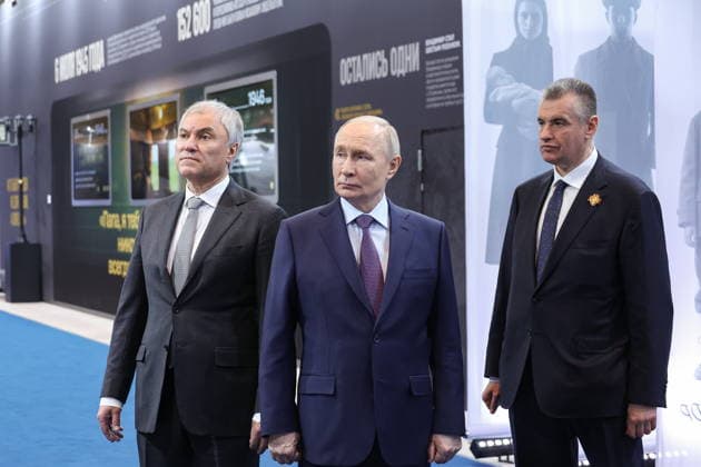 RUSSIA, MOSCOW - APRIL 24, 2026: Vyacheslav Volodin, Speaker of the Russian State Duma, President Vladimir Putin, and Leonid Slutsky (L-R), Chairman of the Russian Liberal Democratic Party (LDPR), view an exhibition titled Zhirinovsky, Continuation. LDPR , dedicated to the late leader of LDPR, Vladimir Zhirinovsky (1946-2022), and held at the Manege Central Exhibition Hall (Moscow Manege). Valery Sharifulin TASS  91644243