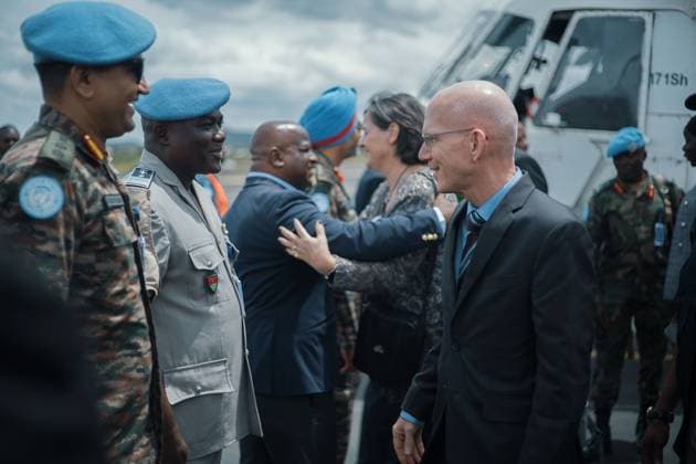 (260424) -- GOMA, April 24, 2026 -- James Swan (R), head of the United Nations (UN) peacekeeping mission in the Democratic Republic of the Congo (DRC), also known as MONUSCO, arrives in Goma, Democratic Republic of the Congo (DRC), April 24, 2026. James Swan on Friday called for effective ceasefire monitoring. (Str Xinhua) DR CONGO-GOMA-MONUSCO-VISIT stringer 