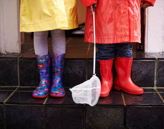 Ready for the rain. two children dressed in raincoats and galoshes (License=RF) ,model released, Symbolfoto  Copyright: xZoonar.com YurixArcursx 19111003 ,model released, Symbolfoto ,property released