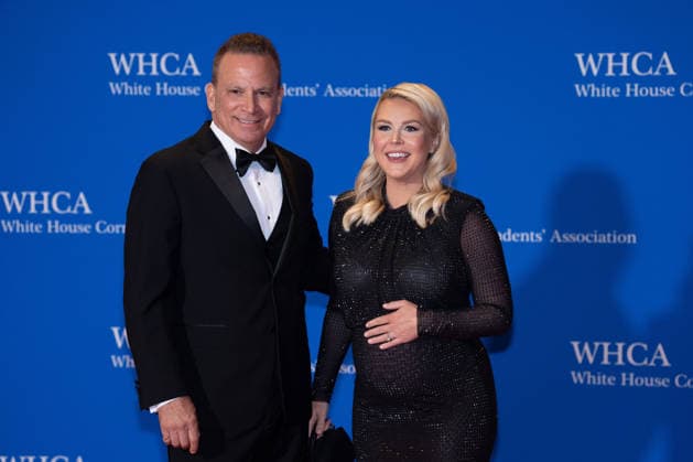 White House Press Secretary Karoline Leavitt and her husband Nicholas Riccio attend the White House Correspondents Association Dinner in Washington, DC, on April 25, 2026. President Donald Trump attended the press dinner for the first time as President.  WAP20260425908 AARONxSCHWARTZ