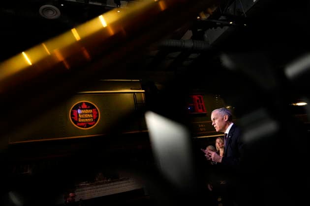 April 27, 2026, Ottawa, On, CAN: Prime Minister Mark Carney speaks from a lectern beside a Canadian National Railways locomotive at the Canada Science and Technology Museum, during an announcement on the Canada Strong Fund, Canada s first sovereign wealth fund in Ottawa on Monday, April 27, 2026. Ottawa CAN  - ZUMAc35_ 20260427_zaf_c35_018 Copyright: xJustinxTangx