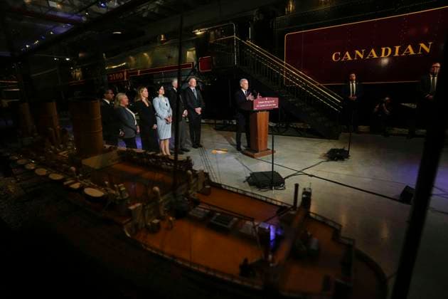 April 27, 2026, Ottawa, On, CAN: Prime Minister Mark Carney speaks from a lectern beside a Canadian Pacific locomotive at the Canada Science and Technology Museum during an announcement on the Canada Strong Fund, Canada s first sovereign wealth fund, in Ottawa on Monday, April 27, 2026. Ottawa CAN  - ZUMAc35_ 20260427_zaf_c35_019 Copyright: xJustinxTangx