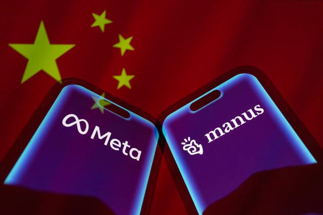 April 27, 2026, Taichung, Taiwan: A hand holds a smartphone displaying the logos of Meta and Manus backdropped by cropped flag of China. China on Monday ordered Meta to unwind its acquisition of AI start-up Manus. Taichung Taiwan  - ZUMAc217 20260427_zip_c217_002 Copyright: xAndrexM.xChangx