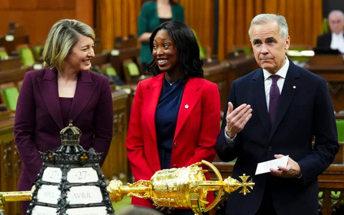 April 27, 2026, Ottawa, On, CAN: Prime Minister Mark Carney, right, and Minister of Industry Melanie Joly, left, introduce new member of Parliament Tatiana Auguste to the House of Commons on Parliament Hill in Ottawa on Monday, April 27, 2026. Ottawa CAN - ZUMAc35_ 20260427_zaf_c35_031 Copyright: xSeanxKilpatrickx
