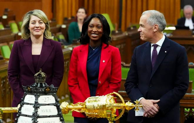 April 27, 2026, Ottawa, On, CAN: Prime Minister Mark Carney, right, and Minister of Industry Melanie Joly, left, introduce new member of Parliament Tatiana Auguste to the House of Commons on Parliament Hill in Ottawa on Monday, April 27, 2026. Ottawa CAN - ZUMAc35_ 20260427_zaf_c35_032 Copyright: xSeanxKilpatrickx
