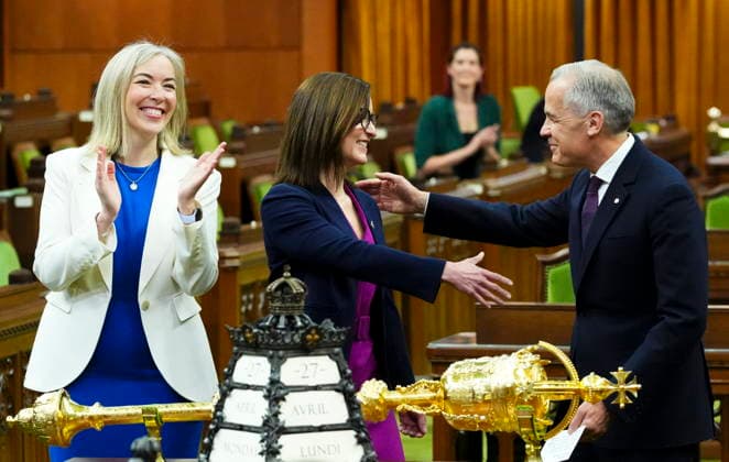 April 27, 2026, Ottawa, On, CAN: Prime Minister Mark Carney, right, and Liberal member of Parliament Leslie Church, left, introduce new member of Parliament Danielle Martin to the House of Commons on Parliament Hill in Ottawa on Monday, April 27, 2026. Ottawa CAN - ZUMAc35_ 20260427_zaf_c35_049 Copyright: xSeanxKilpatrickx