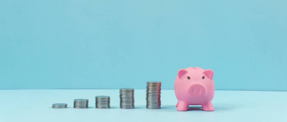 Sparschwein mit aufgestapelten Münzen auf blauem Hintergrund A pink piggy bank placed next to stacks of coins against a blue background, symbolizing financial savings and growth. (License=RF) Copyright: xZoonar.com NATEExMEEPIANx 24960821