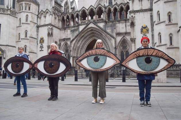 April 28, 2026, London, England, United Kingdom: Protesters stand with giant cardboard eyes outside the Royal Courts of Justice as the government appeals the high court ruling that the ban on activist group Palestine Action is unlawful. London United Kingdom - ZUMAv130 20260428_zip_v130_012 Copyright: xVukxValcicx