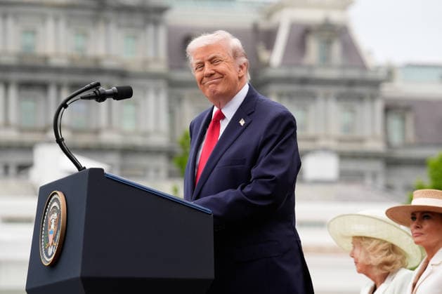 President Donald Trump speaks during an official welcoming ceremony for Britain s King Charles III at the White House in Washington DC on Tuesday, April 28, 2026. The king is on a four-day state visit to the U.S. and will stop in New York and Washington, where he will meet with U.S. officials and deliver an address to Congress.  WAX20260428845 YURIxGRIPAS