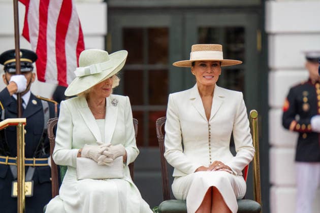 April 28, 2026, Washington, Dc, United States: First Lady Melania Trump and Queen Camilla of the United Kingdom attend the formal State Visit arrival of King Charles III at the White House on April 28, 2026. Washington United States  - ZUMAl312 20260428_znp_l312_021 Copyright: xAndrewxLeydenx