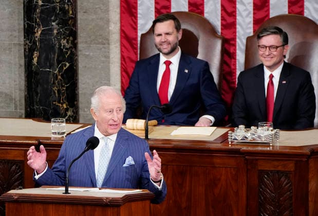 Britain s King Charles III delivers an address to Congress as Vice President JD Vance and Speaker of the House Mike Johnson listen at the U.S. Capitol in Washington DC on Tuesday, April 28, 2026. The king and Queen Camilla are on a four-day state visit to the U.S. with stops in Washington and New York.  WAP20260428965 BONNIExCASH