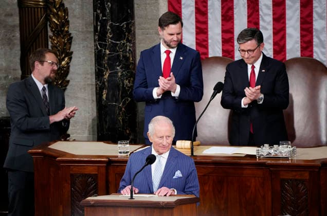 Speaker of the House Mike Johnson and Vice President JD Vance applaud as Britain s King Charles III prepares to deliver an address to a joint meeting of Congress at the U.S. Capitol in Washington DC on Tuesday, April 28, 2026. The king and Queen Camilla are on a four-day state visit to the U.S. with stops in Washington and New York.  WAP20260428960 BONNIExCASH