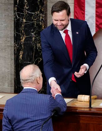 Britain s King Charles III shakes hands with Vice President JD Vance as he prepares to deliver an address to a joint meeting of Congress at the U.S. Capitol in Washington DC on Tuesday, April 28, 2026. The king and Queen Camilla are on a four-day state visit to the U.S. with stops in Washington and New York.  WAP20260428964 BONNIExCASH