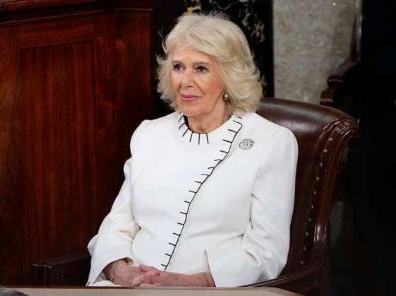 Britain s Queen Camilla listens as King Charles III delivers an address to a joint meeting of Congress at the U.S. Capitol in Washington DC on Tuesday, April 28, 2026. The king and Queen Camilla are on a four-day state visit to the U.S. with stops in Washington and New York.  WAP20260428975 BONNIExCASH