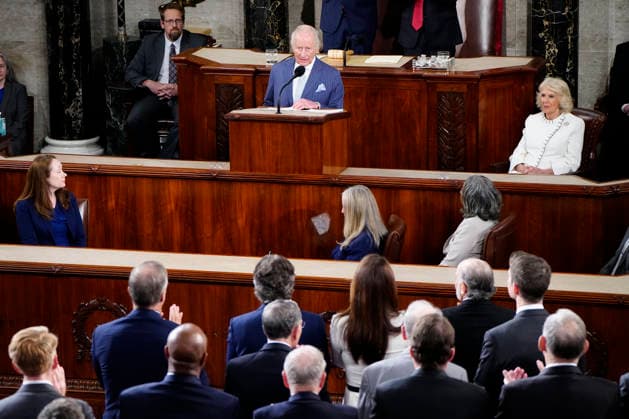 Britain s King Charles III delivers an address to a joint meeting of Congress as Queen Camilla (R) listens at the U.S. Capitol in Washington DC on Tuesday, April 28, 2026. The king and Queen Camilla are on a four-day state visit to the U.S. with stops in Washington and New York.  WAP20260428973 BONNIExCASH