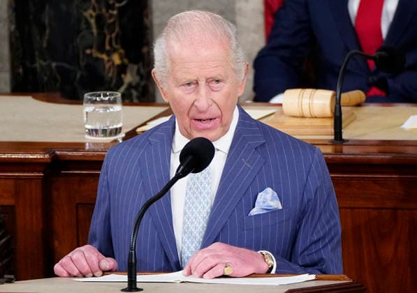 Britain s King Charles III delivers an address to a joint meeting of Congress at the U.S. Capitol in Washington DC on Tuesday, April 28, 2026. The king and Queen Camilla are on a four-day state visit to the U.S. with stops in Washington and New York.  WAP20260428977 BONNIExCASH