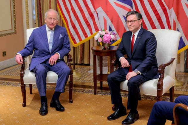 WASHINGTON, DC - APRIL 28: King Charles III meets with Speaker of the US House of Representatives Mike Johnson (Republican of Louisiana), during a bicameral, bipartisan leadership meeting ahead of a joint meeting of Congress at the U.S. Capitol on April 28, 2026 in Washington, DC. In his first visit to the U.S. as the British monarch, King Charles III will address Congress as part of a multi-day trip to the nation s capital, New York City, and Virginia celebrating the United States of America s 250th anniversary of its independence. Copyright: xAndrewxThomasx xCNPx MediaPunchx