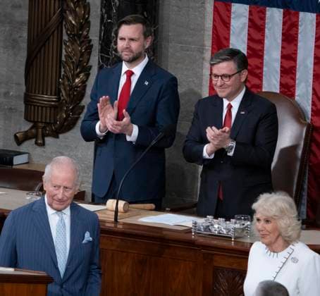 King Charles III of the United Kingdom of Great Britain and Northern Ireland addresses a joint session of the United States Congress in the US House of Representatives Chamber in the United States Capitol in Washington, DC, USA, on Tuesday, April 28, 2026. US Vice President JD Vance, Speaker of the US House of Representatives Mike Johnson (Republican of Louisiana), and Queen Camilla look on from the right. Copyright: xAndrewxThomasx xCNPx MediaPunchx