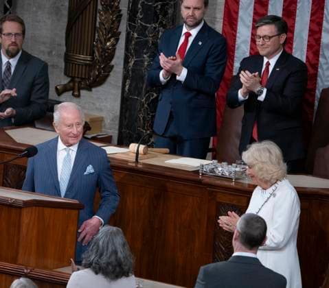 King Charles III of the United Kingdom of Great Britain and Northern Ireland addresses a joint session of the United States Congress in the US House of Representatives Chamber in the United States Capitol in Washington, DC, USA, on Tuesday, April 28, 2026. US Vice President JD Vance, Speaker of the US House of Representatives Mike Johnson (Republican of Louisiana), and Queen Camilla look on from the right. Copyright: xAndrewxThomasx xCNPx MediaPunchx
