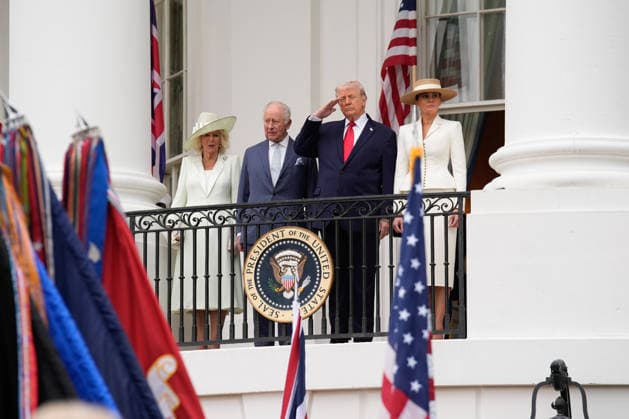 Trumps Welcome King Charles III and Queen Camilla From left to right: Queen Camilla, King Charles III of the United Kingdom of Great Britain and Northern Ireland, United States President Donald J Trump and first lady Melania Trump pose on the Blue Room Balcony during a state arrival ceremony on the South Lawn of the White House in Washington, DC, USA, on April 28, 2026. Credit: CNP AdMedia Washington District of Columbia United States of America EDITORIAL USE ONLY  Copyright: xx AdMediax admphotostwo985455