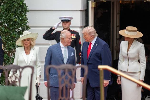 April 28, 2026, Washington, District Of Columbia, USA: (L-R) QUEEN CAMILLA, KING CHARLES III, U.S. President DONALD TRUMP, First Lady MELANIA TRUMP during the State Arrival Ceremony for the King and Queen at the White House. Washington USA - ZUMA 20260428_mda_s365_538 Copyright: xJoeyxSussmanx