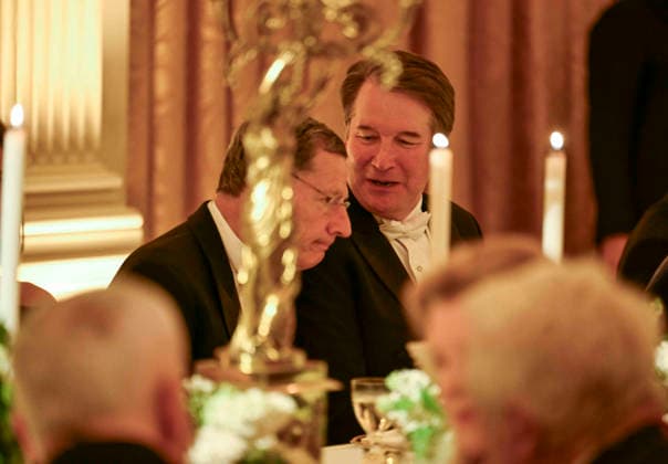 Sen. John Barrasso and Supreme Court Justice Brett Kavanaugh talk during a state dinner at the White House on Tuesday, April 28, 2026 in Washington, D.C. Charles spoke to a joint session of Congress earlier in the day, and attended several events with U.S. President Donald Trump.  WAX20260428209 CraigxHudson