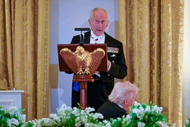 King Charles addresses the guests at the state dinner at the White House on Tuesday, April 28, 2026 in Washington, DC. Charles spoke to a joint session of Congress earlier in the day, and attended several events with U.S. President Donald Trump.  WAX20260428210 CraigxHudson