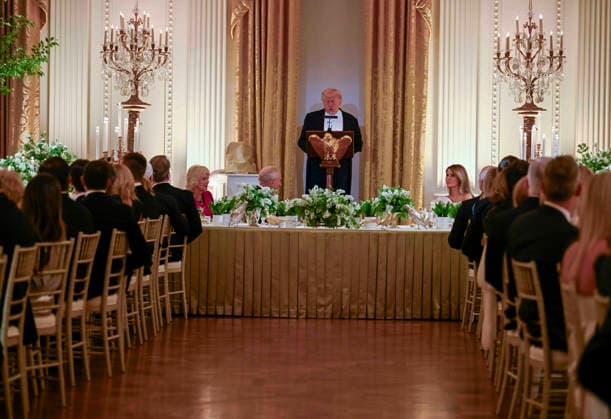 President Donald Trump address the guests at the state dinner for King Charles at the White House on Tuesday, April 28, 2026 in Washington, DC. Charles spoke to a joint session of Congress earlier in the day, and attended several events with U.S. President Donald Trump.  WAX20260428211 CraigxHudson