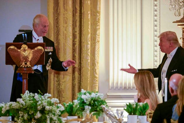 Great Britain s King Charles talks with President Donald Trump during a state dinner at the White House on Tuesday, April 28, 2026 in Washington, DC. Charles spoke to a joint session of Congress earlier in the day, and attended several events with U.S. President Donald Trump.  WAX20260428212 CraigxHudson