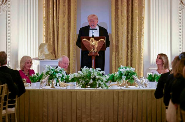 President Donald Trump address the guests at the state dinner for King Charles at the White House on Tuesday, April 28, 2026 in Washington, DC. Charles spoke to a joint session of Congress earlier in the day, and attended several events with U.S. President Donald Trump.  WAX20260428213 CraigxHudson