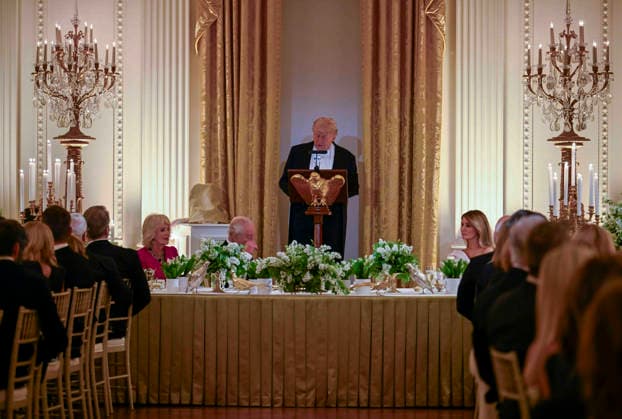 President Donald Trump addresses the guests at the state dinner for King Charles at the White House on Tuesday, April 28, 2026 in Washington, DC. Charles spoke to a joint session of Congress earlier in the day, and attended several events with U.S. President Donald Trump.  WAX20260428218 CraigxHudson