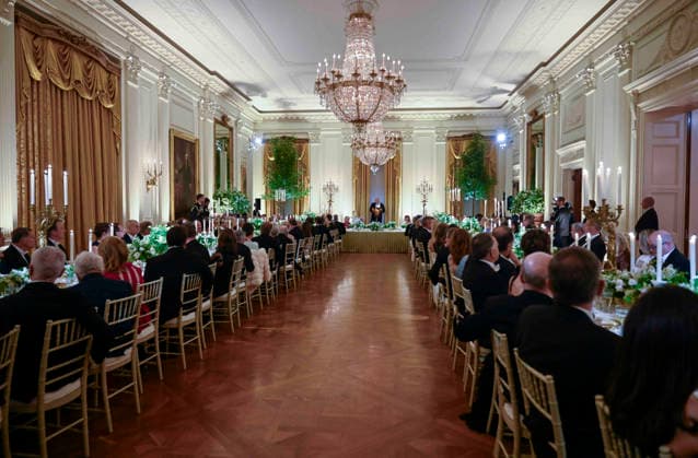 President Donald Trump addresses the guests at the state dinner for King Charles at the White House on Tuesday, April 28, 2026 in Washington, DC. Charles spoke to a joint session of Congress earlier in the day, and attended several events with U.S. President Donald Trump.  WAX20260428219 CraigxHudson