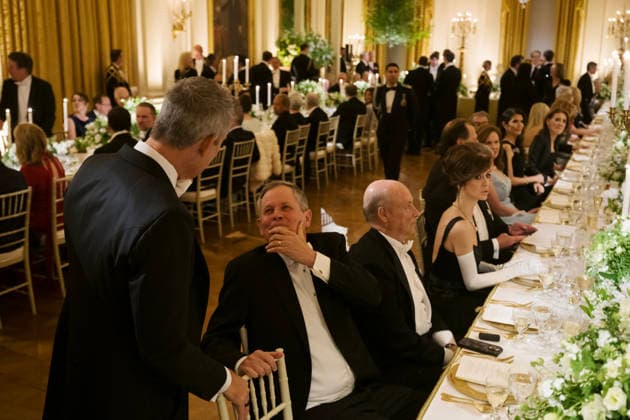 Guests, including U.S. Senator Steve Daines (R-MT) are seen as President Donald Trump hosts a state dinner with Great Britain s King Charles and Queen Camilla at the White House on Tuesday, April 28, 2026 in Washington, D.C. Charles spoke to a joint session of Congress earlier in the day, and attended several events with U.S. President Donald Trump.  WAX20260428232 CraigxHudson