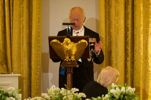 Great Britain s King Charles gives remarks during a state dinner with President Donald Trump and First Lady Melania Trump at the White House on Tuesday, April 28, 2026 in Washington, D.C. Charles spoke to a joint session of Congress earlier in the day, and attended several events with U.S. President Donald Trump.  WAX20260428239 CraigxHudson