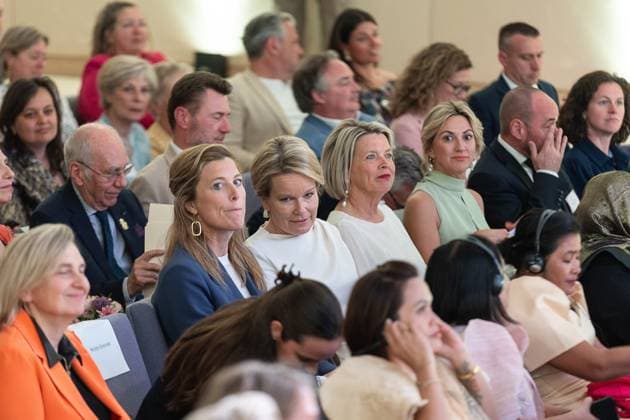 Minister of Justice Annelies Verlinden and Queen Mathilde of Belgium pictured during the 27th edition of the award ceremony of the Womed Award , for best female entrepreneur, organised by Markant and Unizo, Tuesday 28 April 2026 in Brussels.  JAMESxARTHURxGEKIERE 172331941