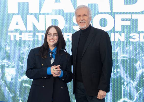 Billie Eilish and James Cameron attends the UK Premiere of Billie Eilish - Hit Me Hard and Soft: The Tour Live In 3D at Odeon Luxe Leicester Square in London, England. UK. Tuesday 28th April 2026. Copyright: xJamesxWarrenx ae75e695