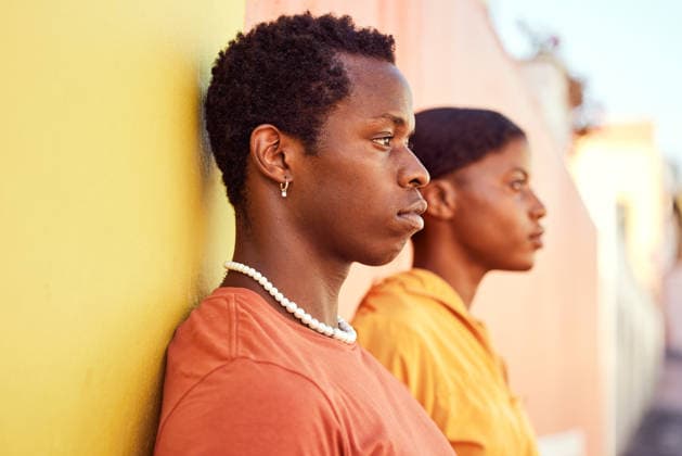Urban fashion, African people and couple of friends relax with designer brand clothes, casual style and luxury apparel. Gen z aesthetic, color and profile of black woman and man on orange yellow wall. (License=RF) ,model released, Symbolfoto  Copyright: xZoonar.com YurixArcursxpeopleimages.comx 19615238 ,model released, Symbolfoto ,property released