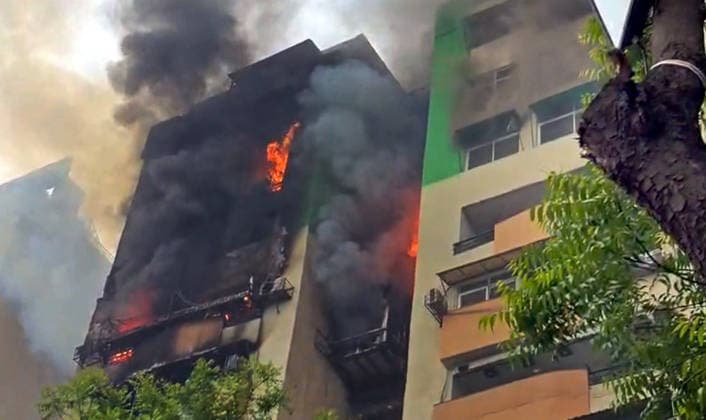 GHAZIABAD, INDIA - APRIL 29: View of major blaze that erupted at the Gaur Green Avenue residential society in Abhay Khand, Indirapuram on April 29, 2026 in Ghaziabad, India. Blaze erupted on the 9th floor around 8:30 am. Nearly seven floors have been severely affected as the flames quickly engulfed both upper and lower levels of the tower. Despite continuous efforts, firefighters have been unable to bring the situation under control even after more than 2.5 hours of operation.(Photo by Sakib Ali Hindustan Times) High Rise Building Engulfed In Massive Blaze At Indirapuram Ghaziabad
