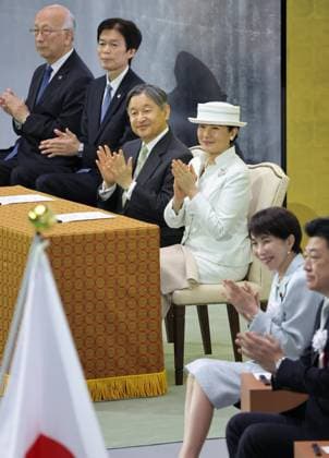 Ceremony marking centennial since start of Showa era Japanese Emperor Naruhito (C, L) and Empress Masako (C, R) attend a government-sponsored ceremony marking the centennial of the start of the Showa era (1926-1989) at the Nippon Budokan hall in Tokyo on April 29, 2026, a national holiday marking the birthday of the late Emperor Showa. (Pool photo)  A14AA0005508502P