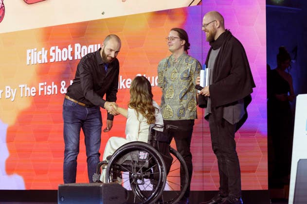 Kristina Vogel with the winners of Flick Shot Rogues at the German Computer Game Award 2026 ceremony in the Herkulessaal of the Munich Residence, 29 04 2026 Foto:xN.xKolinzx xFuturexImagex computerspielpreis_6457