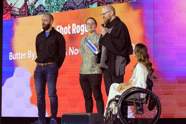 Kristina Vogel with the winners of Flick Shot Rogues at the German Computer Game Award 2026 ceremony in the Herkulessaal of the Munich Residence, 29 04 2026 Foto:xN.xKolinzx xFuturexImagex computerspielpreis_6458