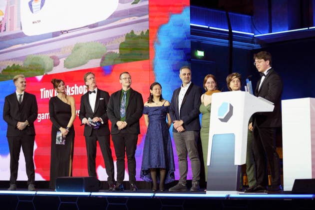 Tobias Huebi Hübenthal, Katrin Bauerfeind and Uke Bosse with the winners in the Best Debut Young Talent Award category at the German Computer Game Award 2026 ceremony in the Herkulessaal of the Munich Residence, 29 04 2026 Foto:xN.xKolinzx xFuturexImagex computerspielpreis_6463