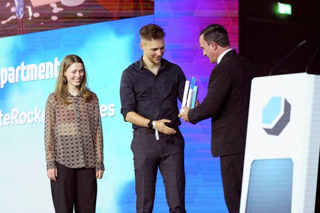 Sönke Möhring with the winners in the Best Story and Best Graphic Design categories at the German Computer Game Award 2026 ceremony in the Herkulessaal of the Munich Residence, 29 04 2026 Foto:xN.xKolinzx xFuturexImagex computerspielpreis_6469