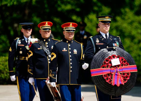 Members of the Military Honor Guard prepare for the arrival of King Charles III and Queen Camilla who will participate in a Wreath Laying Ceremony at the Tomb of the Unknown Solider at Arlington National Cemetery in Arlington, Virginia on Thursday, April 30, 2026. The King and Queen are ending their four-day state visit to the U.S. in Virginia before returning to the U.K. this evening.  ARL2026043023556 BONNIExCASH