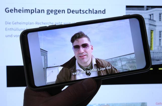 Martin Sellners X account was opened on a smartphone with a video of the far-right activist Behind it, the Correctiv website was opened on a laptop The Berlin Press Chamber recently ru