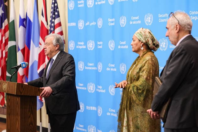April 30, 2026, New York, New York, USA: ANTONIO GUTERRES, Secretary-General of the United Nations, speaks to reporters at the Security Council stakeout on the Middle East at United Nations Headquarters in New York on 30 April 2026. Guterres spoke about freedom of navigation in the Strait of Hormuz and the movement of critical commodities, including oil, gas and fertilizer. New York USA  - ZUMAo116 20260430_znp_o116_014 Copyright: xBiancaxOterox